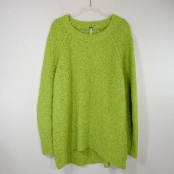 FREE PEOPLE Teddy Sweater Tunic Size L Oversized Lime Green Wool Blend Fuzzy NEW