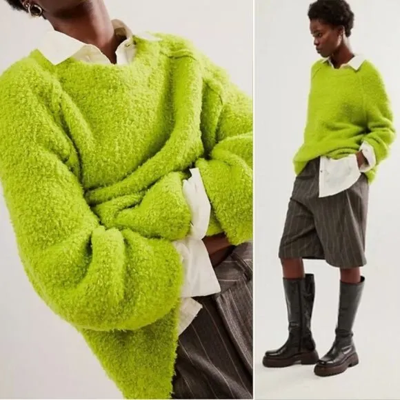 FREE PEOPLE Teddy Sweater Tunic Size L Oversized Lime Green Wool Blend Fuzzy NEW