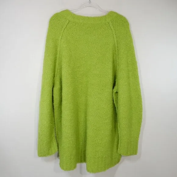 FREE PEOPLE Teddy Sweater Tunic Size L Oversized Lime Green Wool Blend Fuzzy NEW