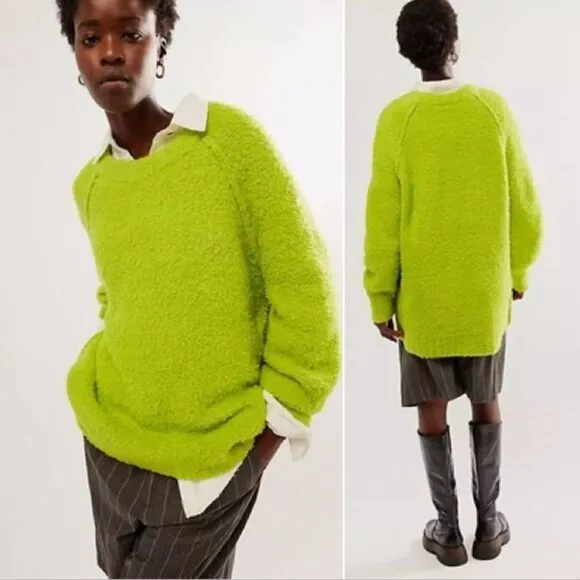 FREE PEOPLE Teddy Sweater Tunic Size L Oversized Lime Green Wool Blend Fuzzy NEW
