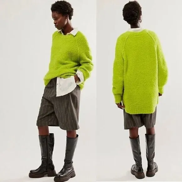 FREE PEOPLE Teddy Sweater Tunic Size L Oversized Lime Green Wool Blend Fuzzy NEW