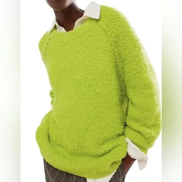 FREE PEOPLE Teddy Sweater Tunic Size L Oversized Lime Green Wool Blend Fuzzy NEW
