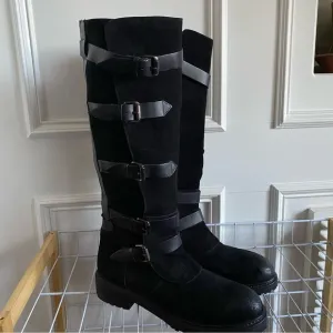 Free People Tristie Buckle Boots Black Suede Leather Tall Boots SZ 9 NWOT