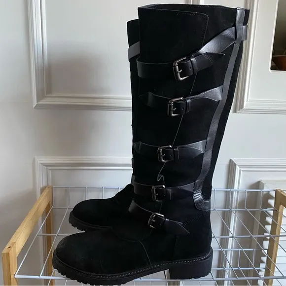 Free People Tristie Buckle Boots Black Suede Leather Tall Boots SZ 9 NWOT