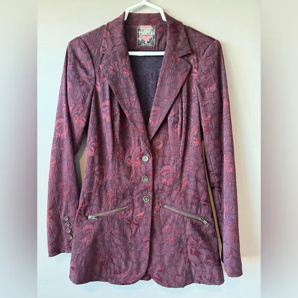 Free People‎ Women’s Dark Maroon Vintage Brocade Blazer Size 4
