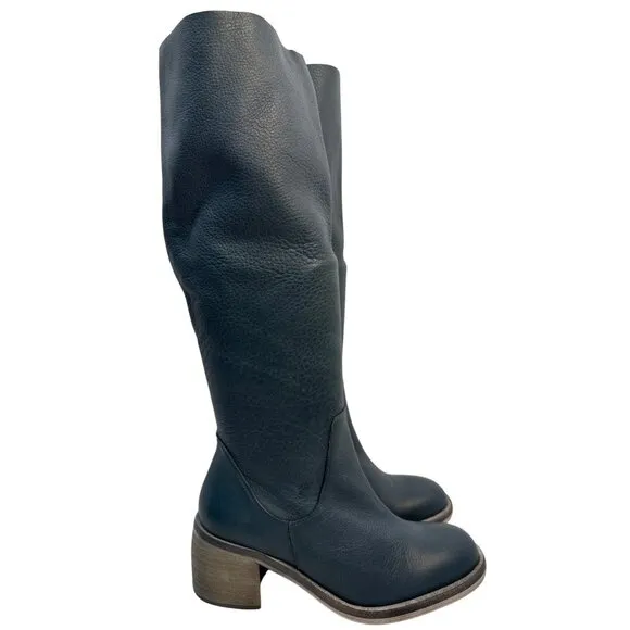 Free People Womens Essential Tall Slouch Leather Boot Rinsed Navy Size 38.5