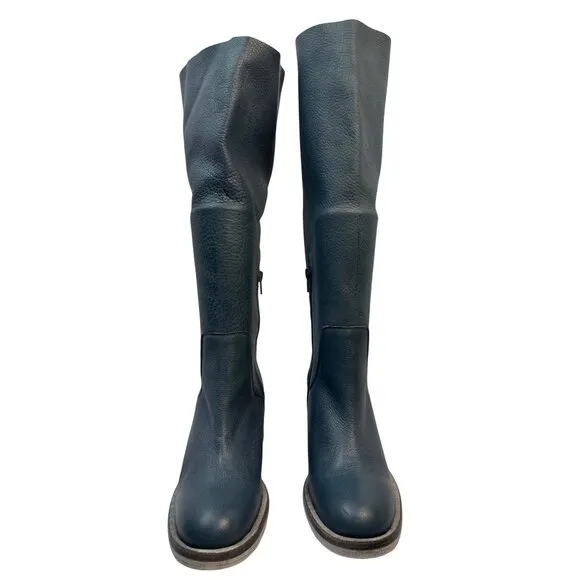 Free People Womens Essential Tall Slouch Leather Boot Rinsed Navy Size 38.5