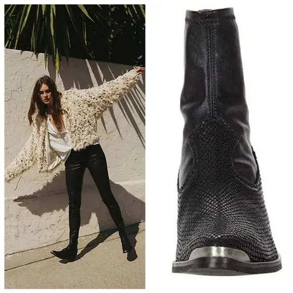 Free People Grand Teton Western Boots Black Reptile Leather Size 36