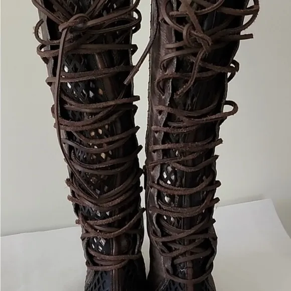 Freebird by Steven Carver Brown Gray Lace Back Tall Leather Boots 9