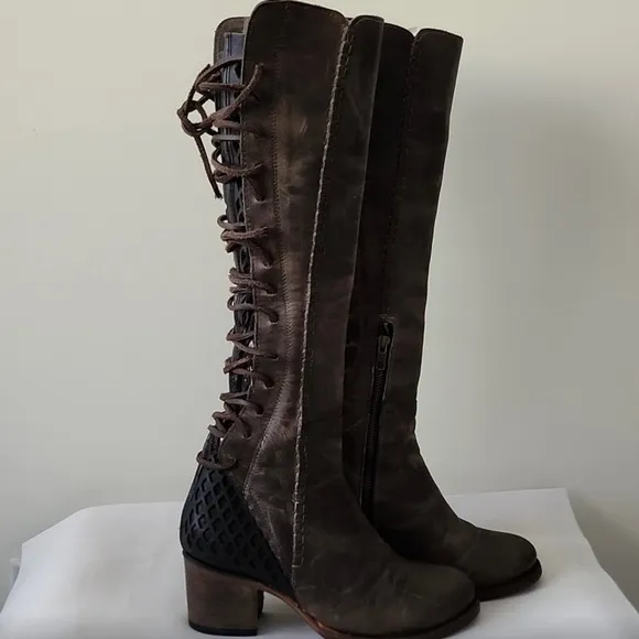 Freebird by Steven Carver Brown Gray Lace Back Tall Leather Boots 9