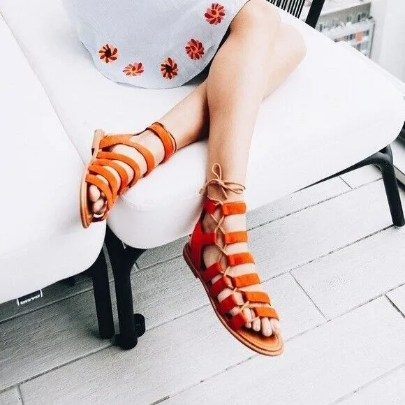 FRYE 3472360 Chrissy Side Ghillie Cognac Women's Size 6.5, 7 Dress Sandals $278