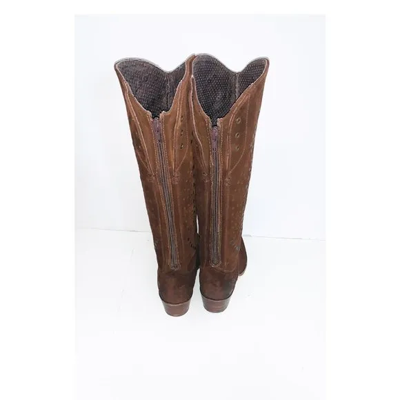 Frye 8 Brown Deborah Tall Studded Suede Knee Boots Laser Cut Western Cowboy