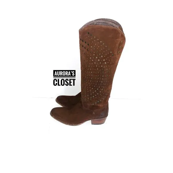 Frye 8 Brown Deborah Tall Studded Suede Knee Boots Laser Cut Western Cowboy