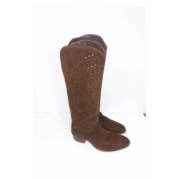 Frye 8 Brown Deborah Tall Studded Suede Knee Boots Laser Cut Western Cowboy