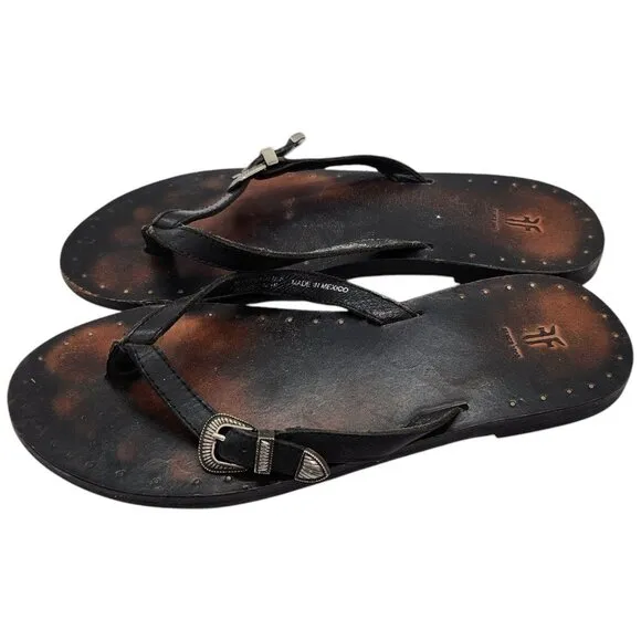 Frye Ally Western Flip Flop Leather Sandals 7 Cowboy Concho Buckle Belt Thong