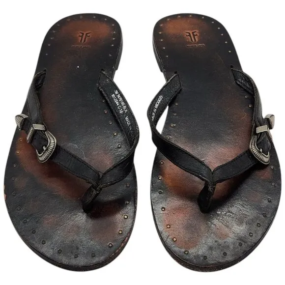 Frye Ally Western Flip Flop Leather Sandals 7 Cowboy Concho Buckle Belt Thong