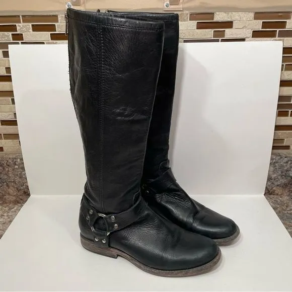 Frye Black Leather Harness Tall Riding Boots
