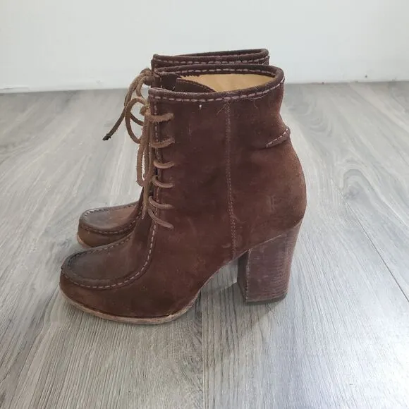 Frye Boots Parker Moc Short Size 9.5 Brown Suede Lace Up Heeled Girly Victorian