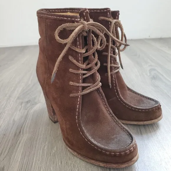 Frye Boots Parker Moc Short Size 9.5 Brown Suede Lace Up Heeled Girly Victorian