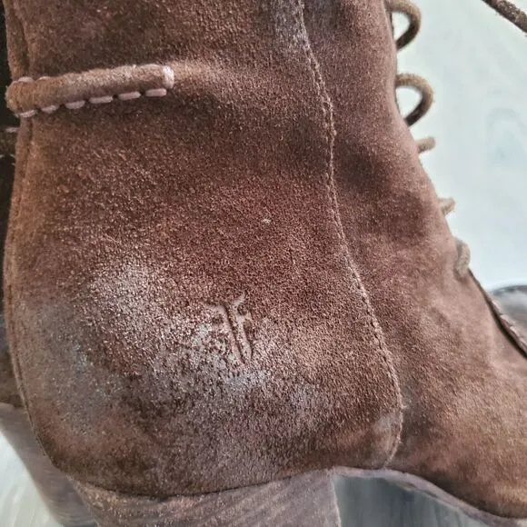 Frye Boots Parker Moc Short Size 9.5 Brown Suede Lace Up Heeled Girly Victorian