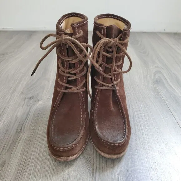 Frye Boots Parker Moc Short Size 9.5 Brown Suede Lace Up Heeled Girly Victorian