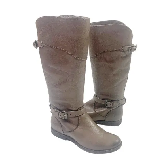 FRYE Boots Tall Riding 9.5 Gray Leather Harness Buckle Moto