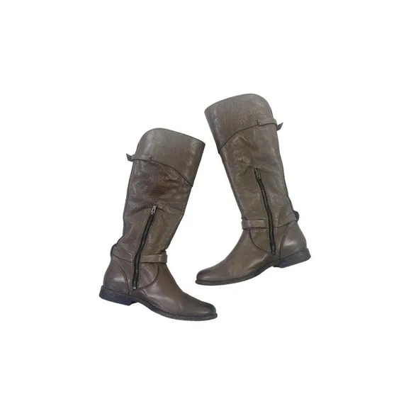 FRYE Boots Tall Riding 9.5 Gray Leather Harness Buckle Moto