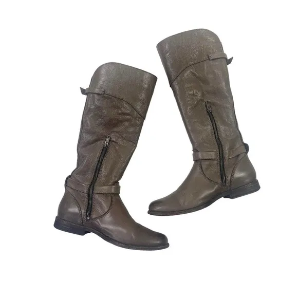 FRYE Boots Tall Riding 9.5 Gray Leather Harness Buckle Moto