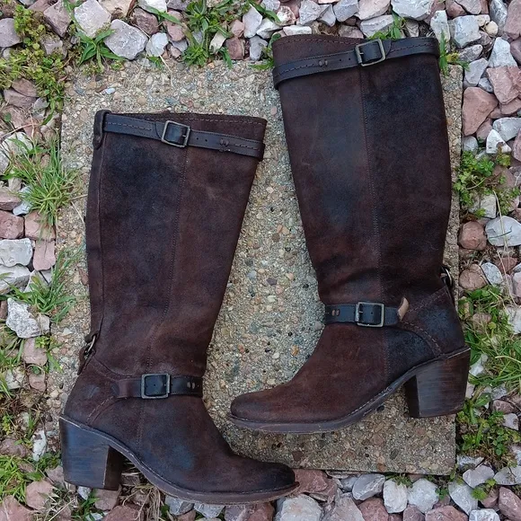 Frye Carmen buckle strap brown leather heeled tall boots women's 8