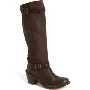 Frye Carmen buckle strap brown leather heeled tall boots women's 8