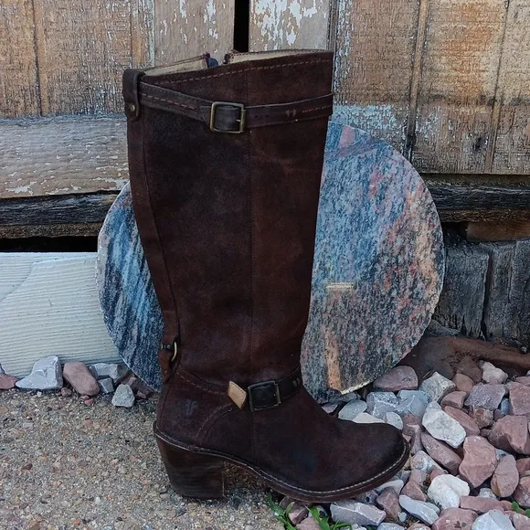 Frye Carmen buckle strap brown leather heeled tall boots women's 8