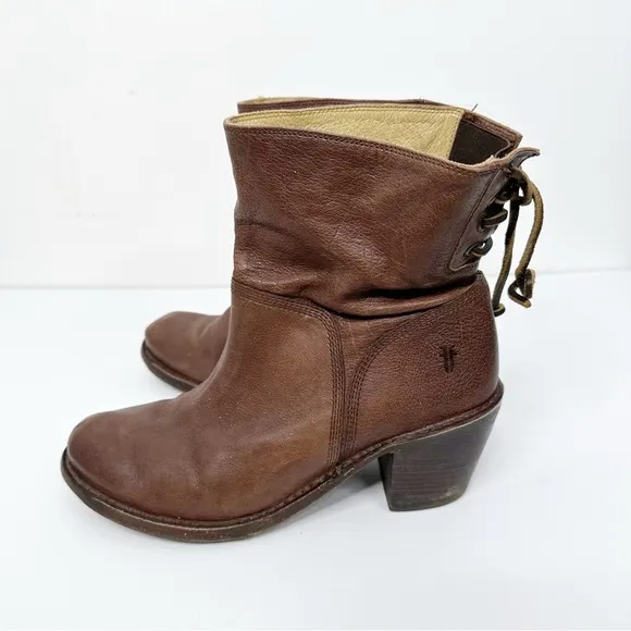 FRYE | Frye Ankle Carmen Brown Leather Pull On Boots Lace Up Back Sz. 8.5