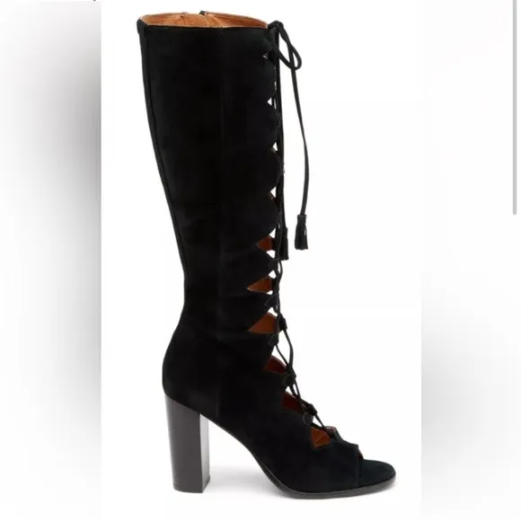 Frye Gabby Ghillie Black Suede Tall TASSLE GLADIATOR Boots NWOB Sz 7.5M $500