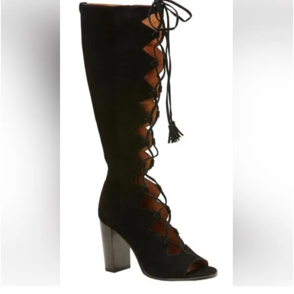 Frye Gabby Ghillie Black Suede Tall TASSLE GLADIATOR Boots NWOB Sz 7.5M $500