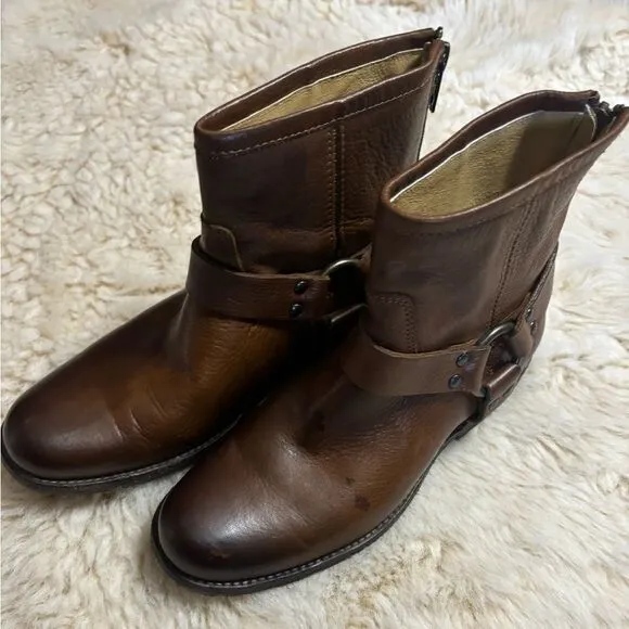 Frye Grey Phillip Harness Short Leather Boots in Brown Size 6.5