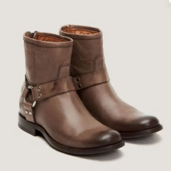 Frye Grey Phillip Harness Short Leather Boots in Brown Size 6.5