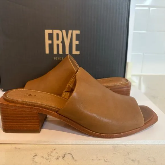 Frye Lucia Mule Tan Leather Block Heel Slip On Sandals Womens Size 6.5