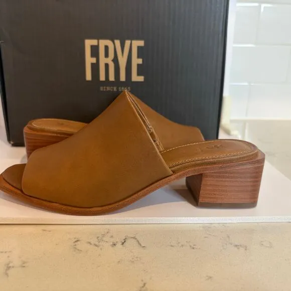 Frye Lucia Mule Tan Leather Block Heel Slip On Sandals Womens Size 6.5