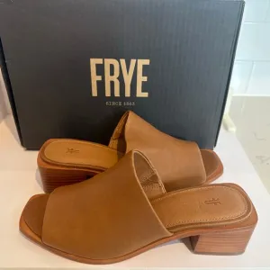 Frye Lucia Mule Tan Leather Block Heel Slip On Sandals Womens Size 6.5