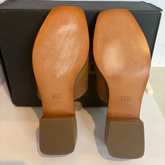 Frye Lucia Mule Tan Leather Block Heel Slip On Sandals Womens Size 6.5