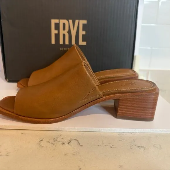 Frye Lucia Mule Tan Leather Block Heel Slip On Sandals Womens Size 6.5