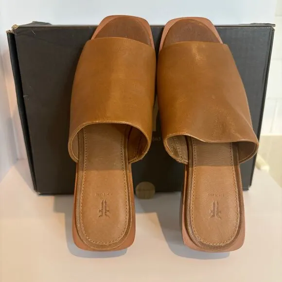 Frye Lucia Mule Tan Leather Block Heel Slip On Sandals Womens Size 6.5