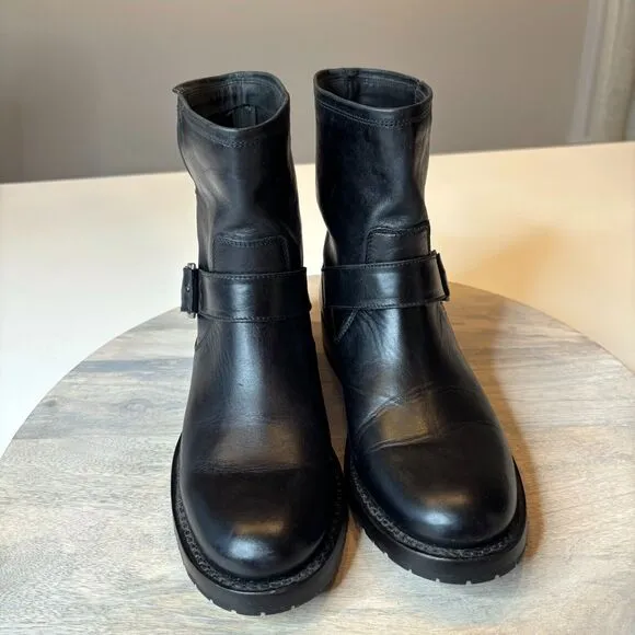 Frye Natalie Engineer Black Leather Short Moto Belted Ankle Boots US Size 5.5