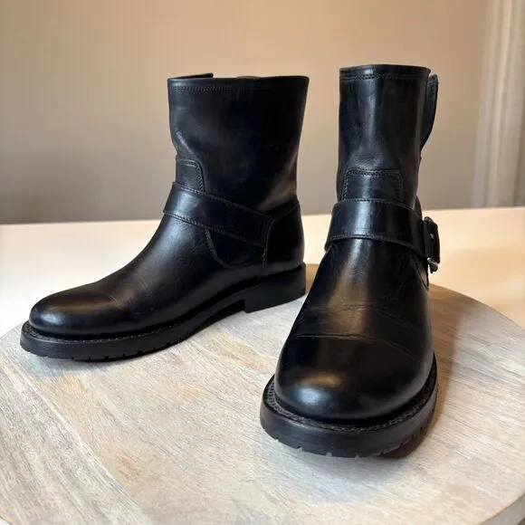 Frye Natalie Engineer Black Leather Short Moto Belted Ankle Boots US Size 5.5