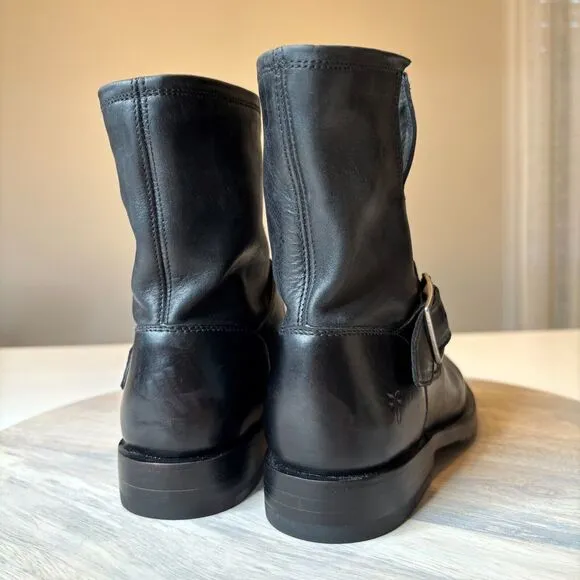 Frye Natalie Engineer Black Leather Short Moto Belted Ankle Boots US Size 5.5