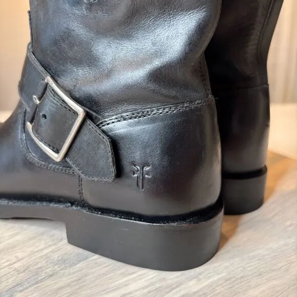Frye Natalie Engineer Black Leather Short Moto Belted Ankle Boots US Size 5.5