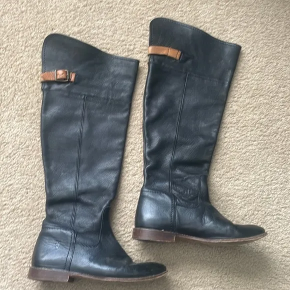 Frye Paige Cuff Leather Tall Riding Black Brown Boots Sz 7 Fall Winter Boho