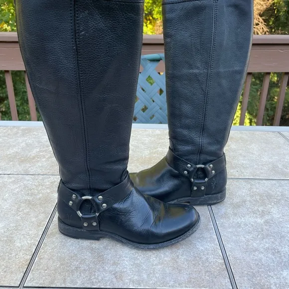 Frye - Phillip Leather Tall Shaft Harness Boots Black Women's