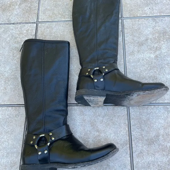 Frye - Phillip Leather Tall Shaft Harness Boots Black Women's