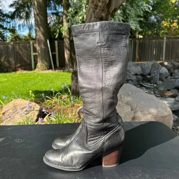 Frye Rory Scrunch Boot Genuine Leather Tall Knee High Black Heel 7.5 Rustic Boho